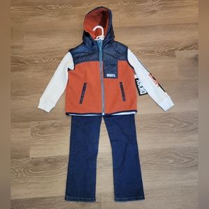 DKNY Boys’ 3 Piece Set Layered Jeans Shirt Vest Hoodie Shirt Size 5 New